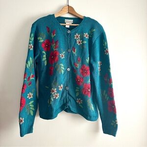 Coldwater Creek Teal Floral Cardigan